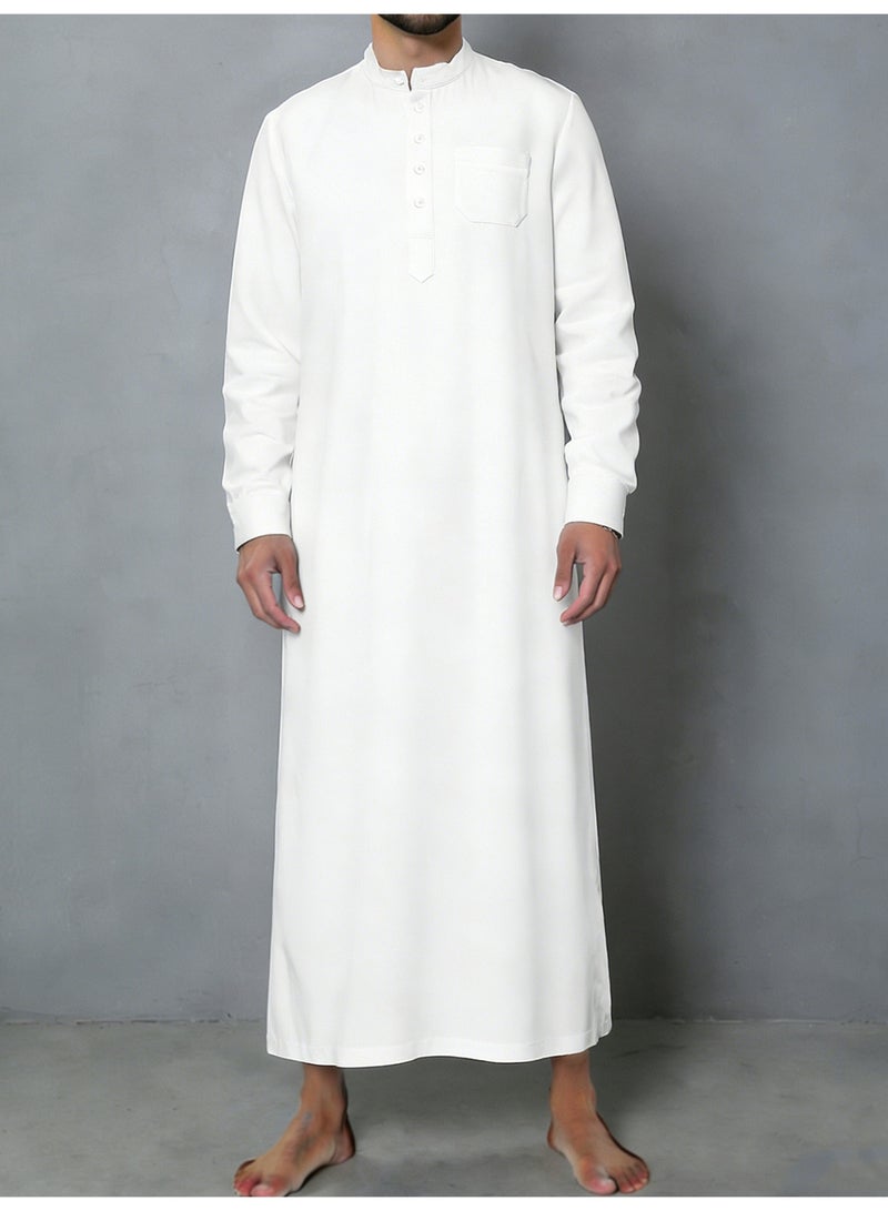 ثوب رجالي سعودي كلاسيكي أبيض بأكمام طويلة جلباب إسلامي بياقة واقفة - Image 2
